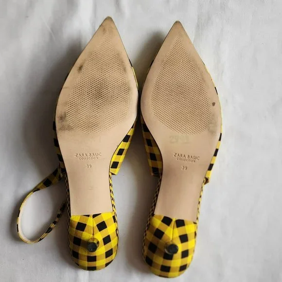 ZARA Women's Yellow/Black Gingham Slingback Pointed Toe Sandals Size 39 - Picture 9 of 9